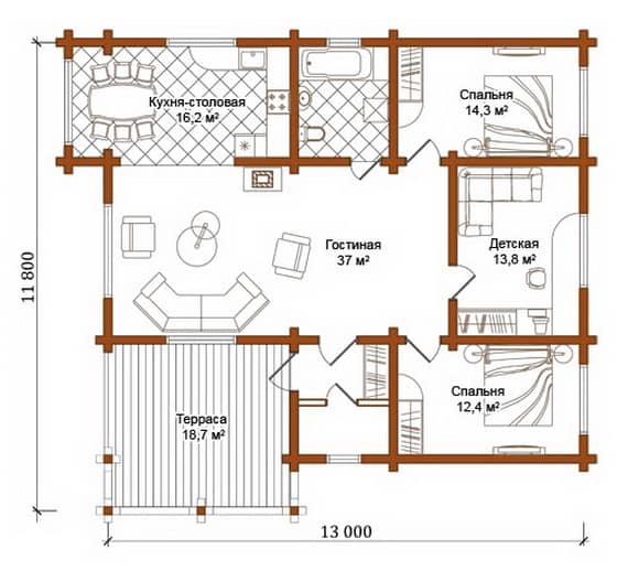 Деревяні одноповерхові будинки – план деревяного будинку з бруса в 1 поверх
